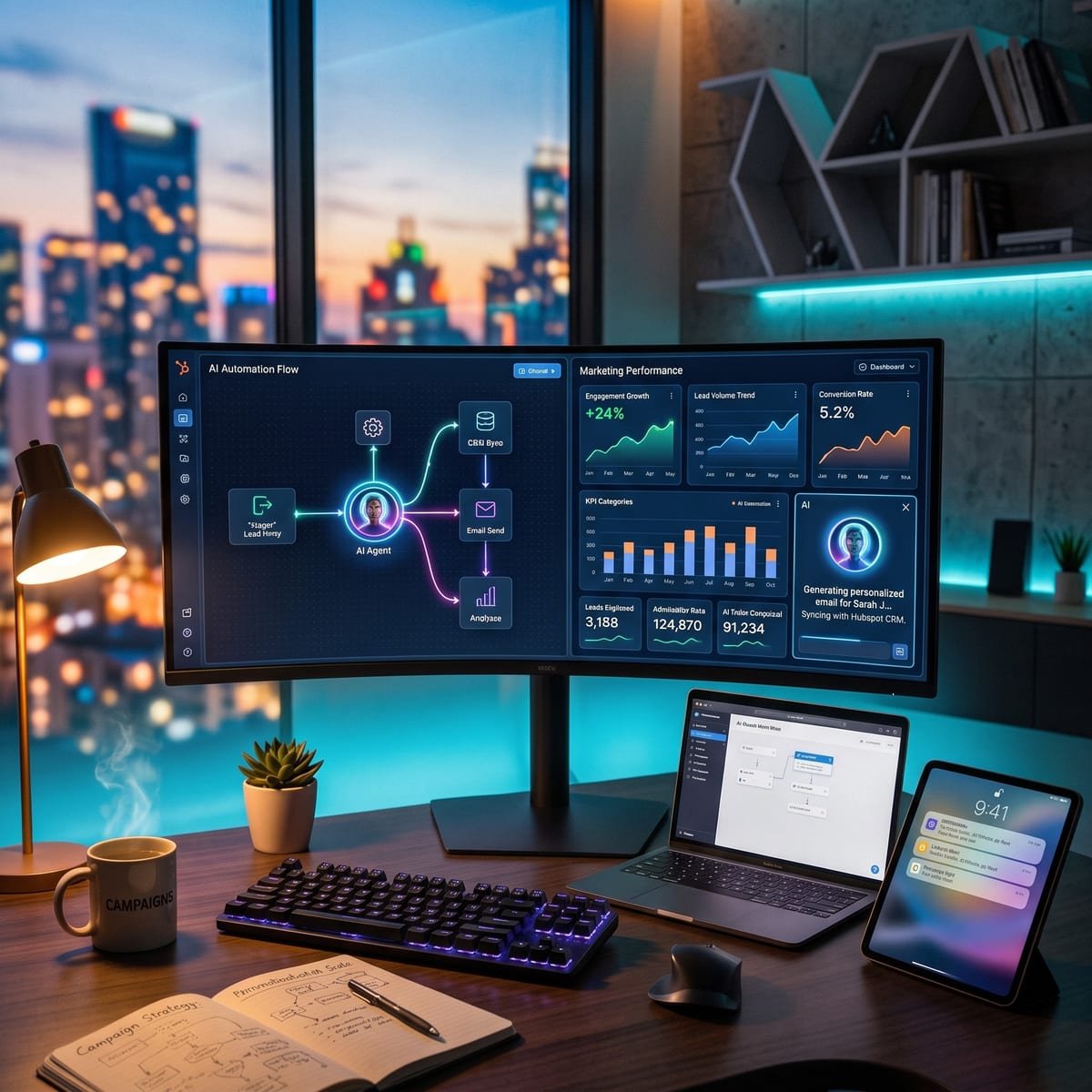 Panel de automatización e IA de Serendipia Digital: flujo de agente de IA, métricas de marketing y dashboard en tiempo real